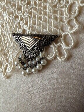 Vintage 90's Filigree Faux Pearl Dangle Brooch Antiqued Tone Victorian Revival